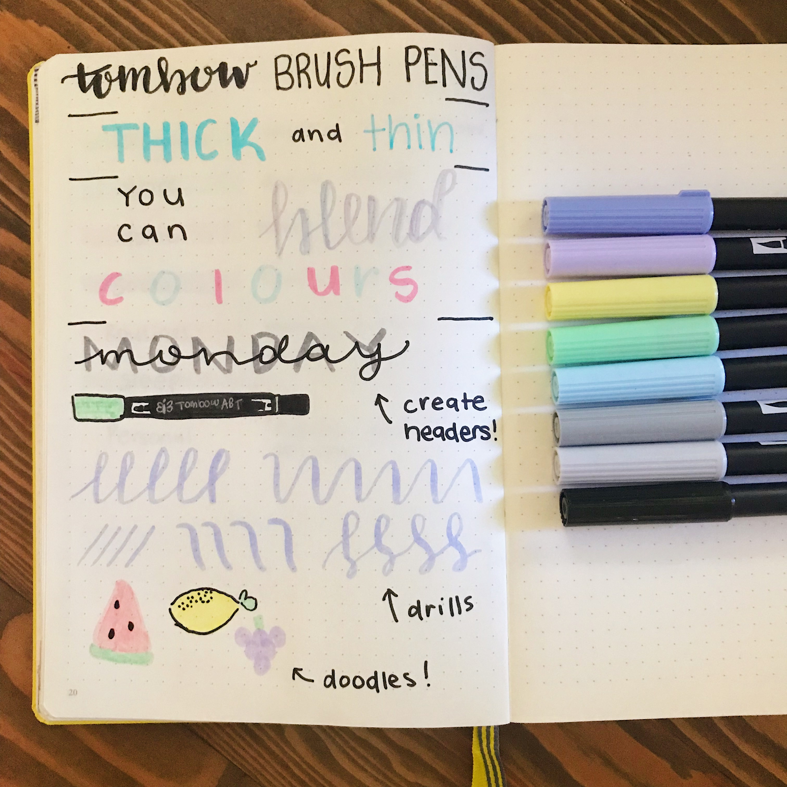 Beautiful Brush Pen Swatches in a Bullet Journal